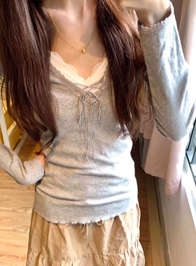 Brandy bm韩系蕾丝拼接V领长袖T恤女修身系带打底衫上衣