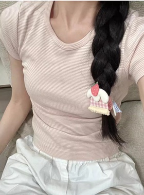 Brandy girl bm粉色条纹纯棉短袖T恤女甜美圆领修身显瘦减龄上衣