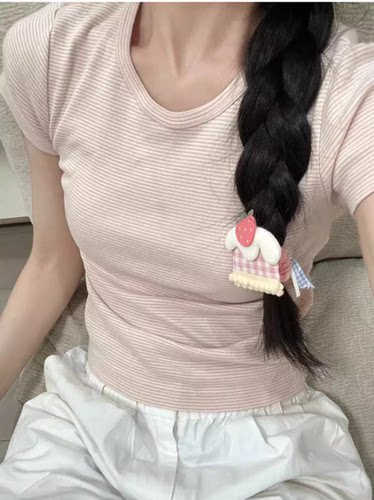 Brandy girl bm粉色条纹纯棉短袖T恤女甜美圆领修身显瘦减龄上衣