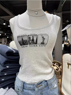 Brandy bm灰色圆领印花背心city螺纹吊带女辣妹内搭工字上衣 girl