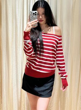 Brandy girl bm长袖针织衫秋冬新款复古红色条纹一字肩毛衣上衣女