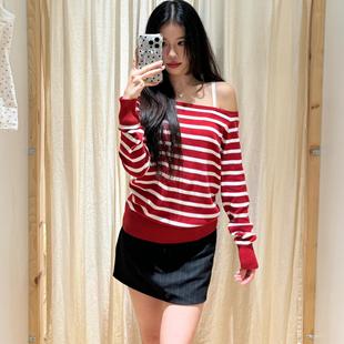 秋冬新款 Brandy 针织衫 bm长袖 复古红色条纹一字肩毛衣上衣女 girl