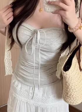 Brandy BM美式辣妹灰色抹胸系带吊带背心修身露肩显瘦内搭上衣