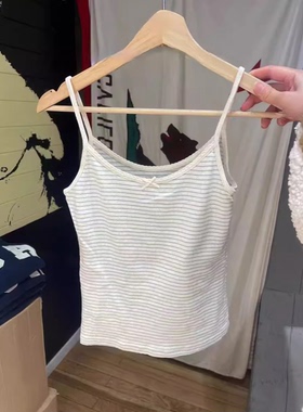 Brandy girl bm夏季新美式纯棉浅蓝条纹吊带背心女辣妹蝴蝶结内搭