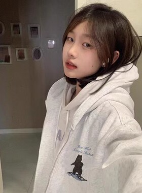 Brandy新款美式复古开衫灰色小熊刺绣连帽拉链卫衣bm宽松外套女