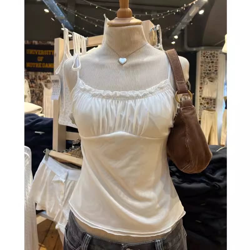 Brandy girl bm白色系带褶皱小吊带女夏季显瘦无袖背心纯欲上衣图片