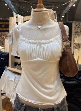 Brandy girl bm白色系带褶皱小吊带女夏季显瘦无袖背心纯欲上衣