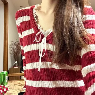 复古红白条纹针织衫 bm麻花V领设计感长袖 毛衫 新款 毛衣女 秋装 法式