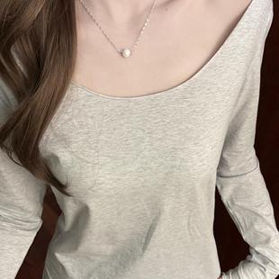 白色大圆领内搭打底衫 薄款 纯欲上衣ins t恤女修身 BM春秋纯棉长袖
