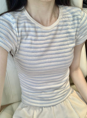 夏季蓝白条纹短袖T恤女