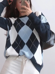 毛衣女 BM长袖 Brandy Girl官网春秋学院风欧美圆领菱形格针织衫