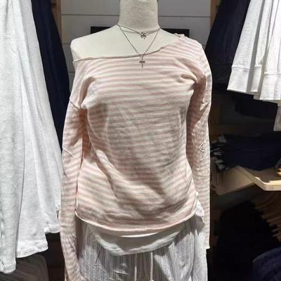 brandy新款纯棉粉色条纹一字领长袖T恤女bm修身显瘦甜美打底上衣