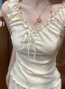 Brandy Girl Blair tank木耳边米色蝴蝶结花边系带bm背心女设计感