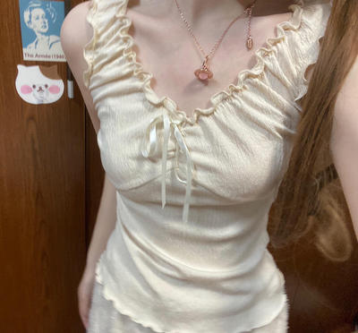 蝴蝶结褶皱花边背心女