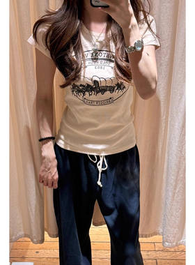 Brandygirl bm米白骑车印花短款正肩超好看短袖上衣女t恤2025新夏