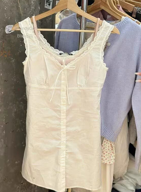 Brandy bm欧阳娜娜白色花边系带连衣裙女夏2025新款吊带背心裙