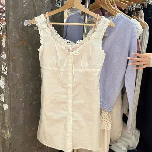 Brandy bm欧阳娜娜白色花边系带连衣裙女夏2025新款吊带背心裙