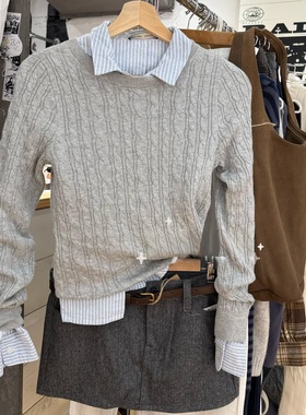 Brandy bm韩系复古圆领灰色麻花纹针织衫女慵懒毛衣套头上衣软糯