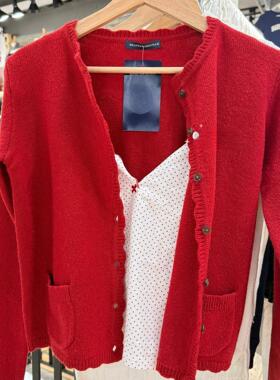 Brandy girl bm新年红波浪边针织长袖开衫早春韩系纯色毛衣外套