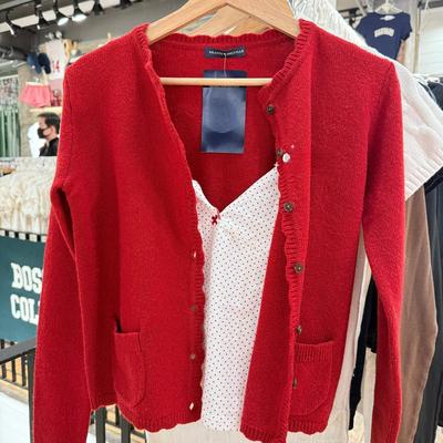 Brandy girl bm新年红波浪边针织长袖开衫早春韩系纯色毛衣外套