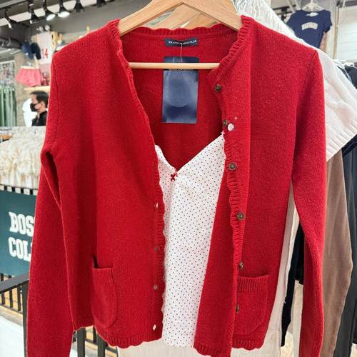Brandy girl bm新年红波浪边针织长袖开衫早春韩系纯色毛衣外套