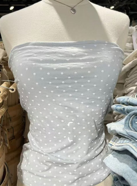 Brandy bm 法式蓝色波点抹胸背心女无袖修身显瘦上衣夏季