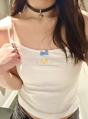 Brandy girl bm白色小鸭刺绣吊带背心夏季甜美修身无袖上衣短款