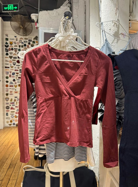 Brandy BM美式复古酒红色交叉V领长袖T恤女纯棉修身修身上衣
