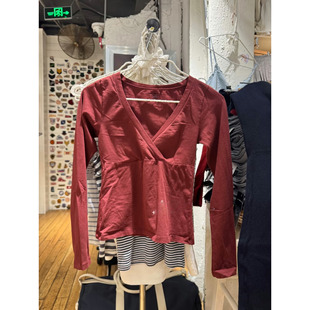 Brandy BM美式复古酒红色交叉V领长袖T恤女纯棉修身修身上衣