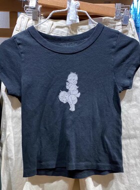 Brandy Girl bm黑色美式复古天使印花短袖上衣纯棉高腰T恤女潮夏