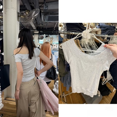 brandygirl Brandy bm纯棉灰色一字肩短袖T恤女夏季新款上衣