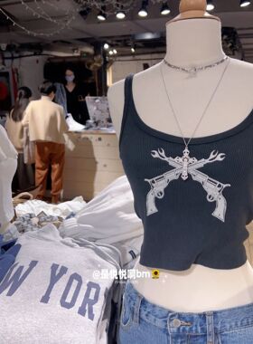 Brandy Girl bm美式黑色螺纹印花双枪纯棉背心吊带女修身内搭上衣
