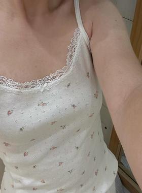 brandygirl Brandy bm美式复古碎花孔眼蕾丝边蝴蝶结吊带bm上衣