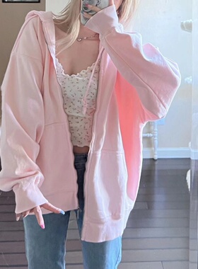 Brandy Girl bm甜妹天花板元气粉纯棉慵懒学生宽松拉链卫衣女