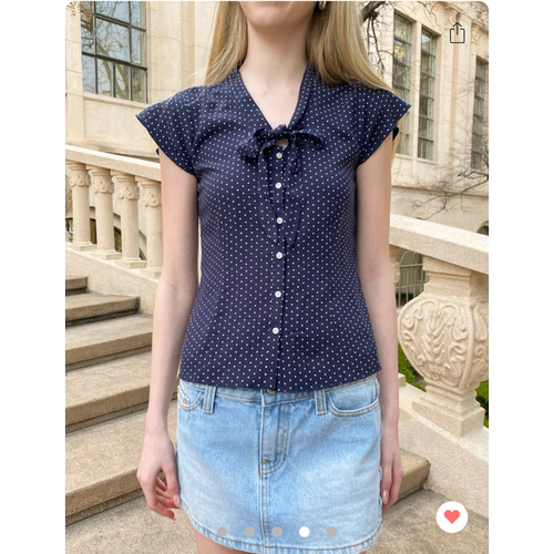 Brandy bm藏青复古波点V领系带短袖衬衫女藏蓝色修身显瘦上衣