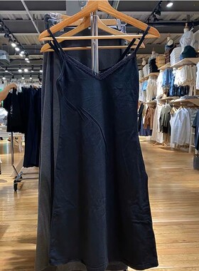 brandy bm美式夏季黑色蕾丝吊带裙A字V领显瘦百搭中长款连衣裙女