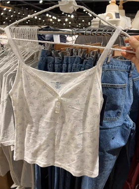 Brandy girl bm三粒扣花边领小熊吊带背心女纯棉内搭外穿短上衣