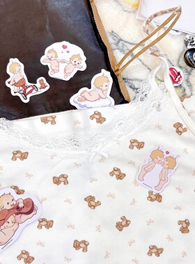 Brandy bm甜美可爱风卡通小熊蕾丝边吊带背心女白色纯欲少女上衣