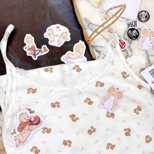 Brandy bm甜美可爱风卡通小熊蕾丝边吊带背心女白色纯欲少女上衣