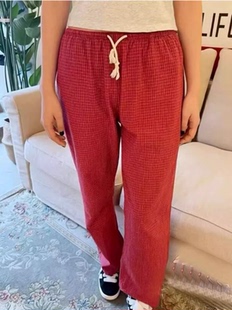 女宽松全棉休闲裤 Brandy 口袋长裤 复古红色格子运动裤 女 bm美式