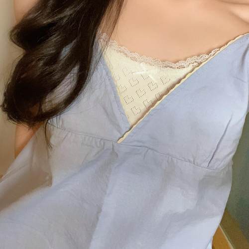 Brandy girl bm蓝色V领亚麻吊带背心女甜妹外穿修身纯欲显瘦上衣