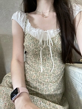 Brandy新款绿色碎花吊带裙三粒扣花边无袖裙子女夏季bm显瘦连衣裙
