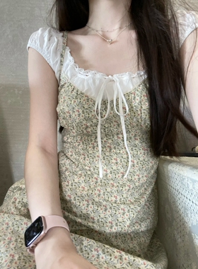 Brandy新款绿色碎花吊带裙三粒扣花边无袖裙子女夏季bm显瘦连衣裙