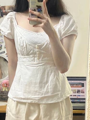 蕾丝花边V领短袖上衣女