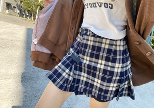 Brandy Girl新款bm格子搭扣百褶裙高腰网球裙半身裙短裙女潮