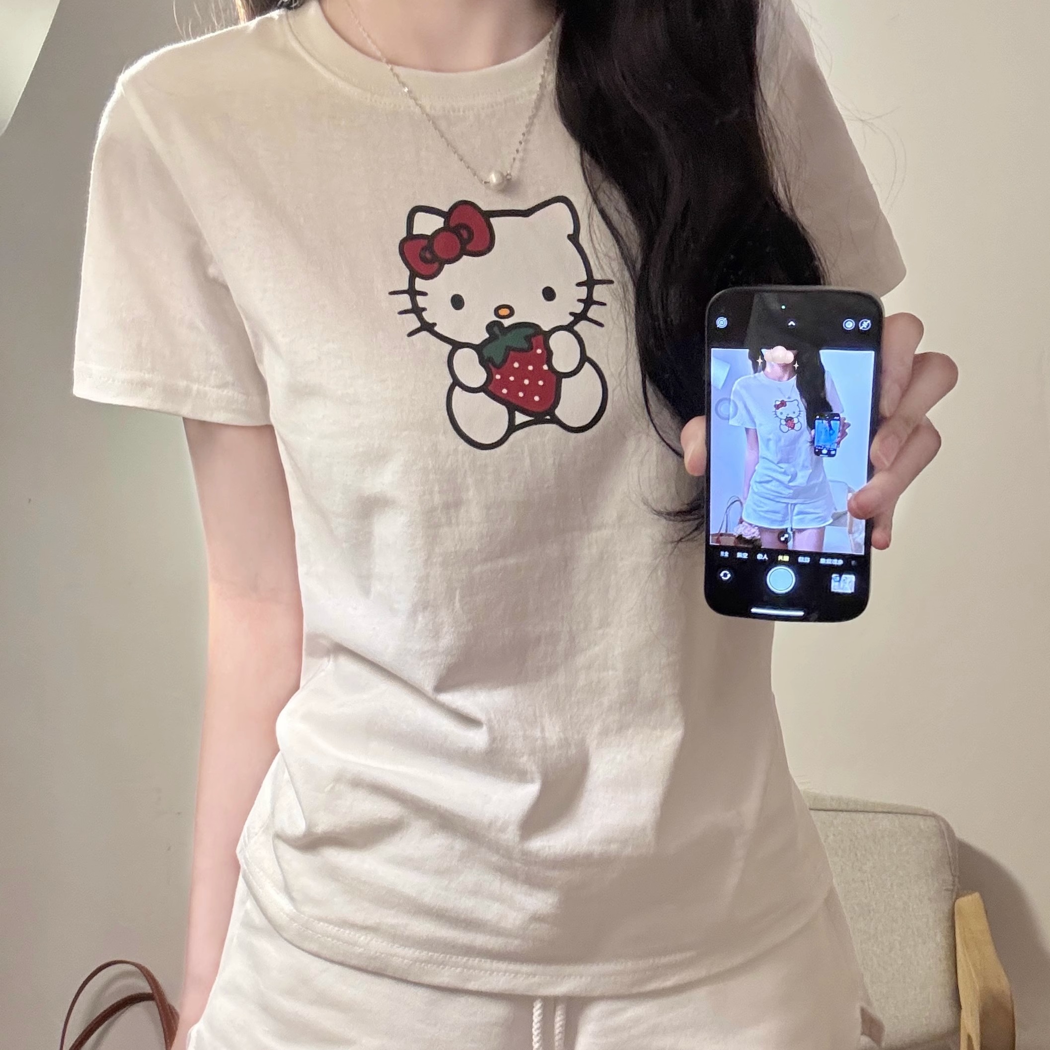 brandy bm纯棉软妹可爱kitty猫短袖t恤女显瘦修身正肩短款上衣高