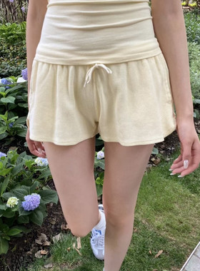 Brandy bm黄色华夫格短裤女夏季新款高腰显瘦休闲裤