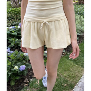 Brandy bm黄色华夫格短裤女夏季新款高腰显瘦休闲裤