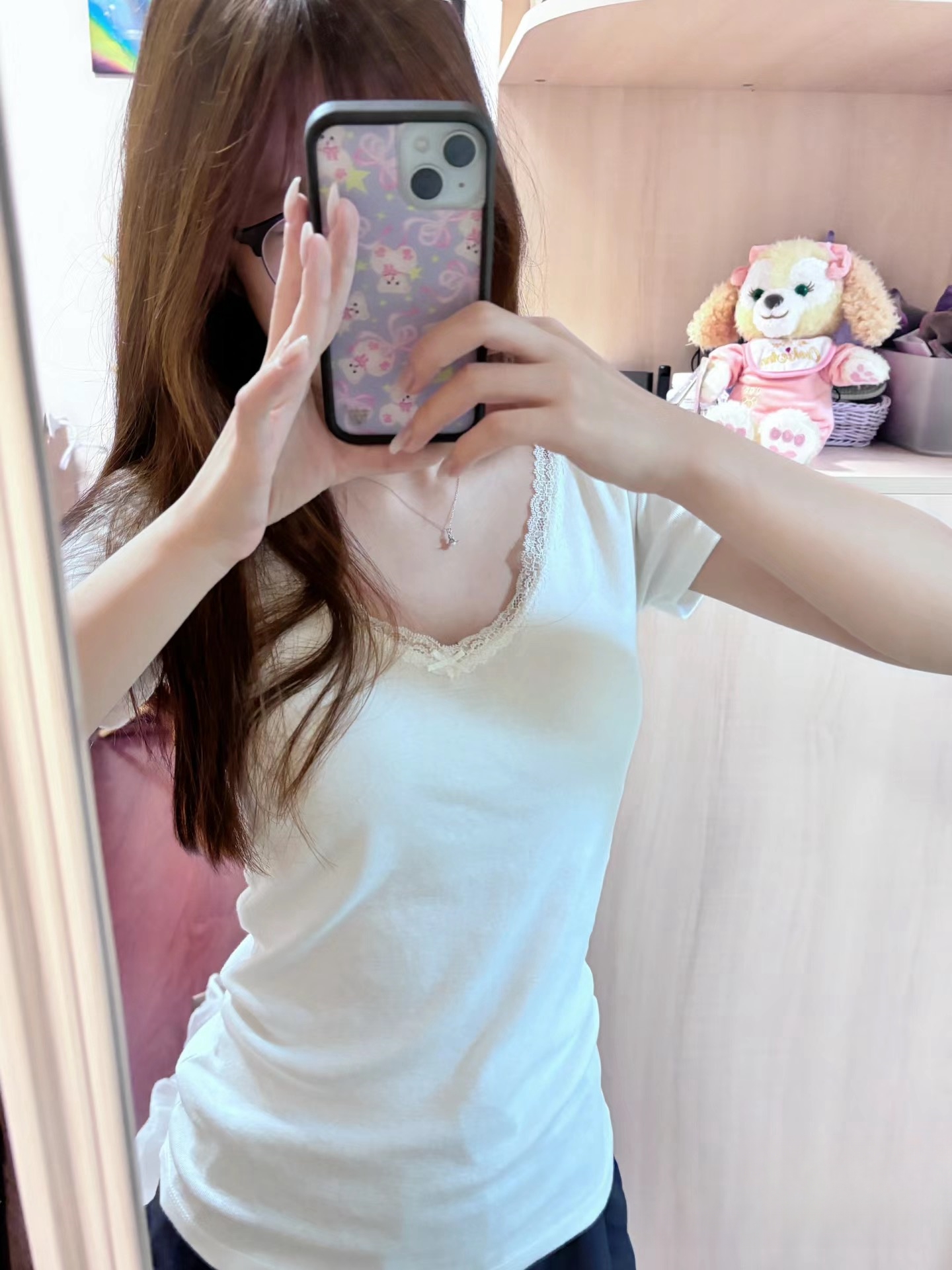 Brandy girl bm甜妹纯欲蕾丝花边V领短袖T恤女夏季别致修身短上衣