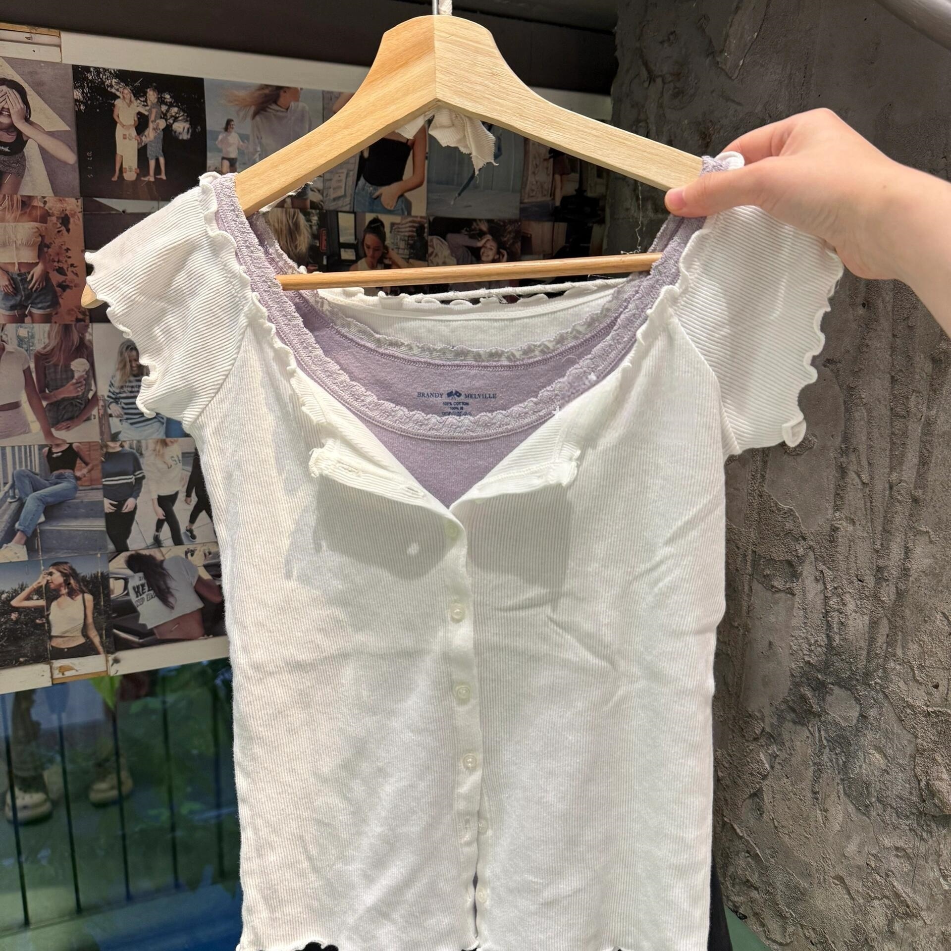 Brandy bm纯棉美式复古白色木耳边单排扣短袖T恤女夏季新款短上衣